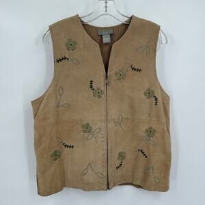 IVY Womens Embroidered Suede Vest Sz L Floral Boho Hippie Cottagecore Retro FLAW